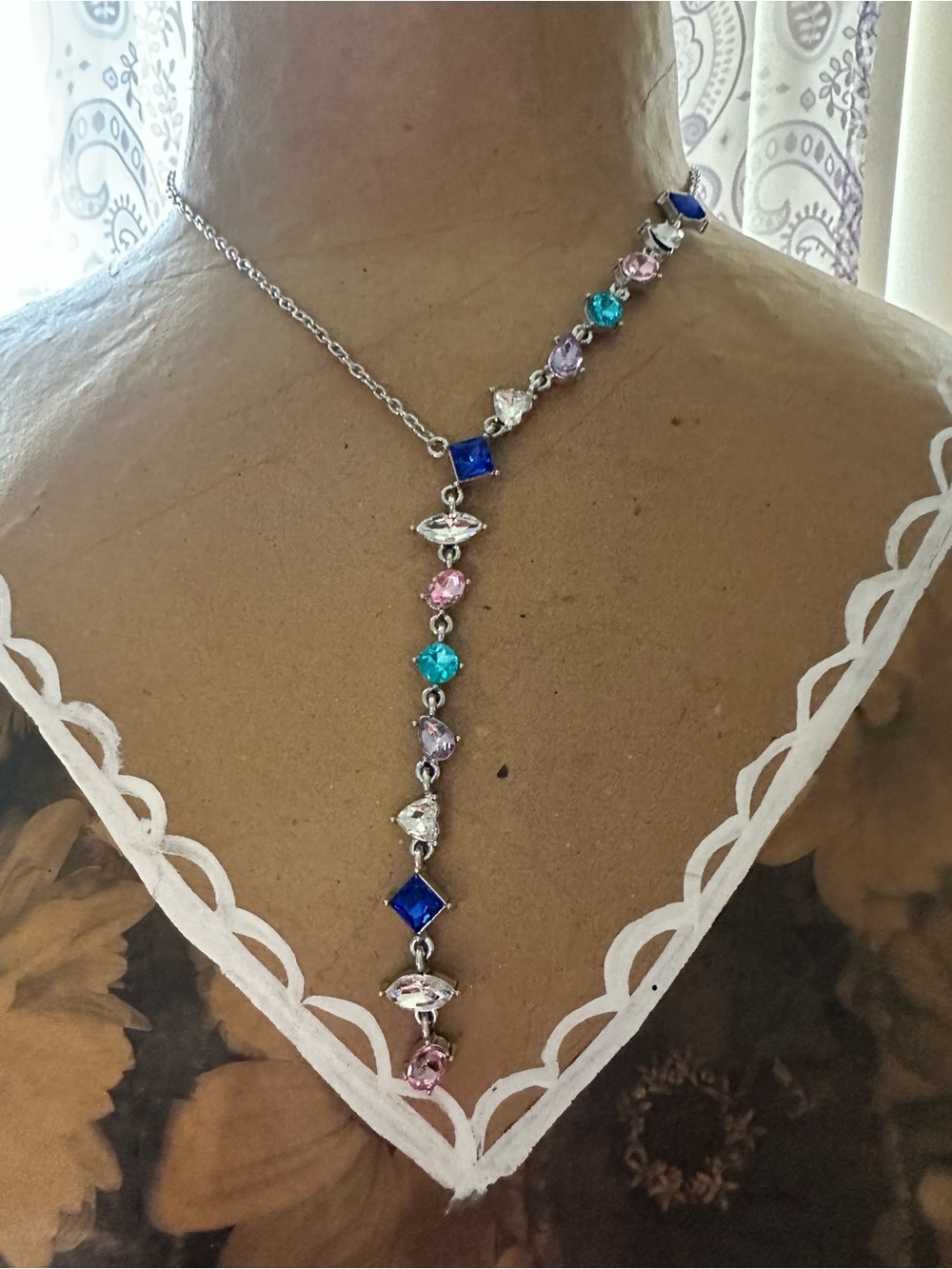 Multi-Gem Silver Y Necklace — Blue, Pink, Teal & Purple Stones
